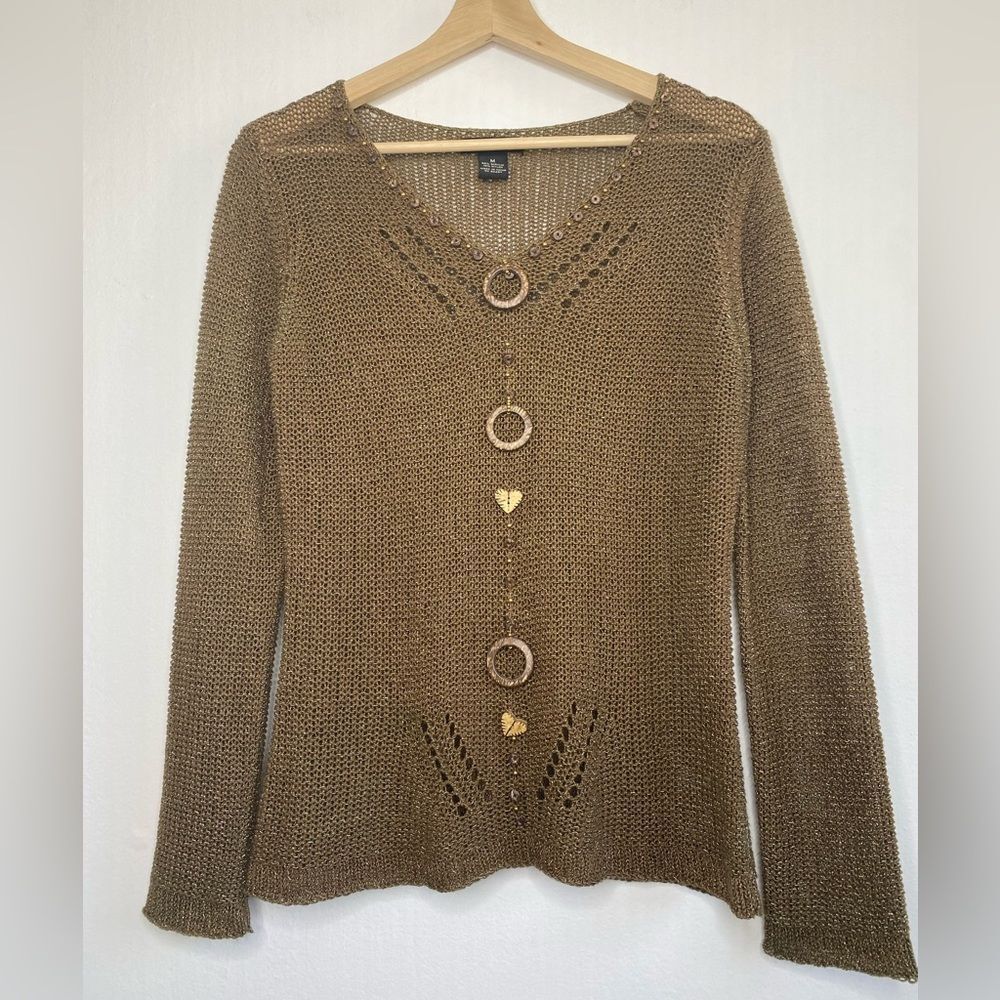 Crochet Knit Brown Sweater Shirt Beachy Draped Boho Festival Size M